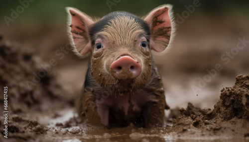 Cute piglet in mud, looking at camera on farm generated by AI