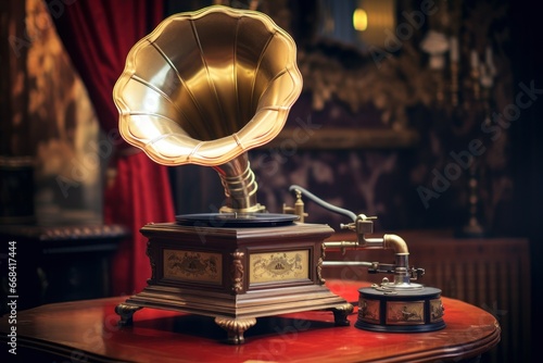 Antique gramophone with a spinning record in a vintage setting. photo