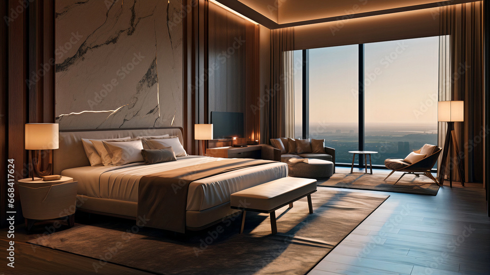 Fototapeta premium Modern luxury bedroom hotel with double bed, pillows in a dark gloomy. A room with a view of the city from the bed