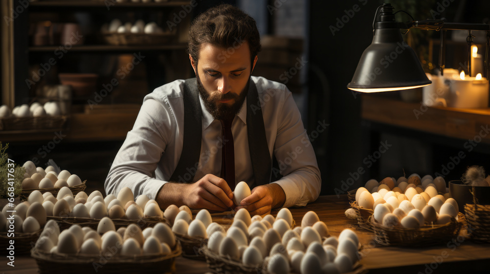 Man at office sorting eggs in wicker baskets. Made with Generative AI.