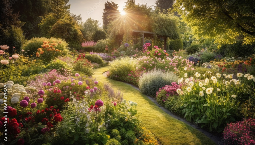 Obraz premium The green meadow blossoms with colorful flowers in nature generated by AI