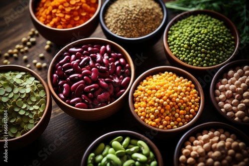 Assortment of legumes and pulses in bowls.