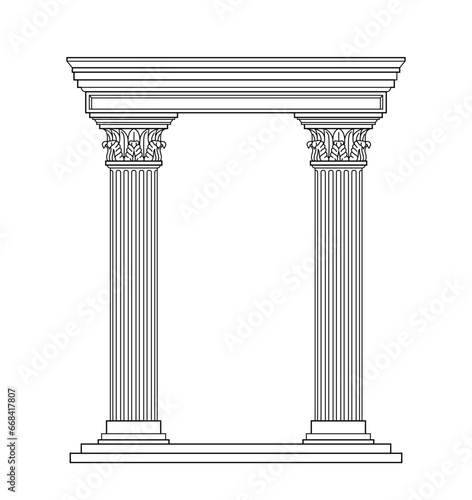 Ancient pediment line concept. Greek and old Rome architecture and marble columns. History and culture. Poster or banner. Linear flat vector illustration isolated on white background