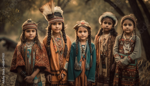 Smiling children in traditional clothing, embracing cultures and happiness generated by AI