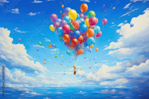 Balloons floating in an azure sky, symbolizing jubilation.