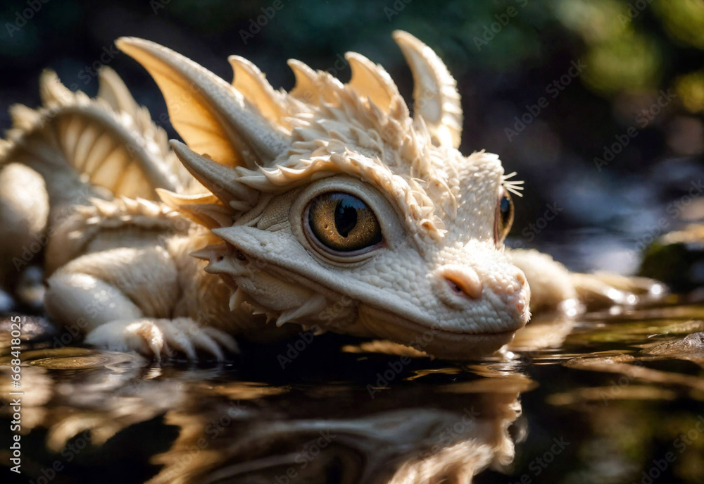 Fototapeta premium Cute crouching baby dragon created with Generative AI.