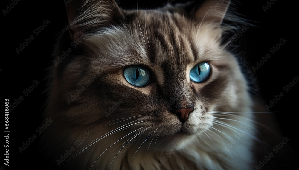 Cute kitten staring, fluffy fur, blue eye, playful nature generated by AI