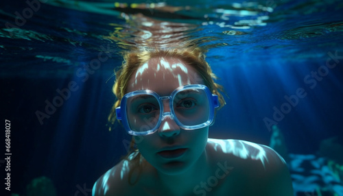 One person swimming underwater, enjoying vacations in the blue generated by AI © Jemastock
