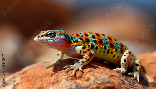 A cute gecko crawling, its spotted tail full of colors generated by AI