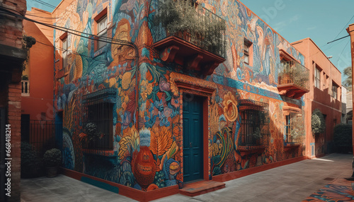 Vibrant colors adorn old buildings, showcasing diverse cultures and history generated by AI