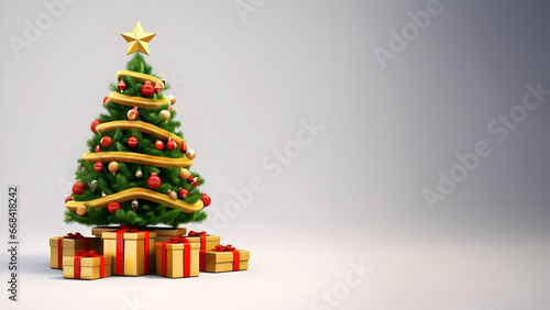 Beautiful illustration of a Christmas tree decorated with red and golden balls, golden star and ribbon, lots of gift boxes and copy space, isolated on a white gradient background, horizontal 9:16