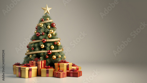 Beautiful illustration of a Christmas tree decorated with red and golden balls, golden star and ribbon, lots of gift boxes and copy space, isolated on a yellow gradient background, horizontal 9:16