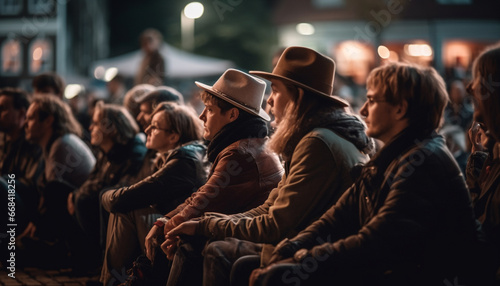 A large group of people sitting outdoors, smiling and bonding generated by AI © Jemastock