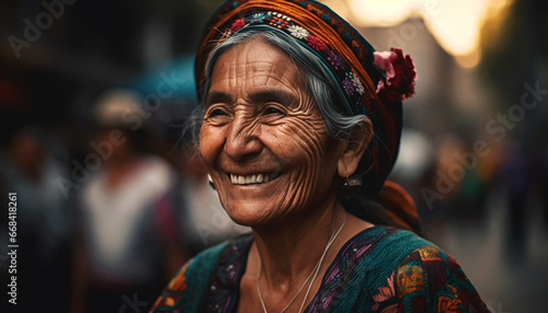 One smiling woman in traditional clothing looking at camera generated by AI