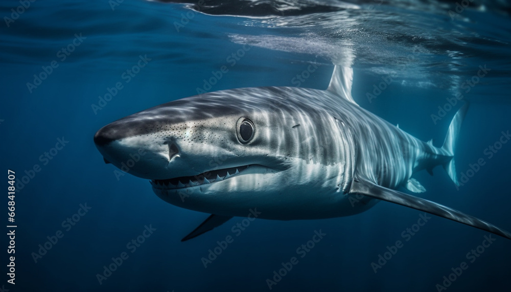 Fototapeta premium Majestic fish swim in deep blue waters, showcasing natural beauty generated by AI