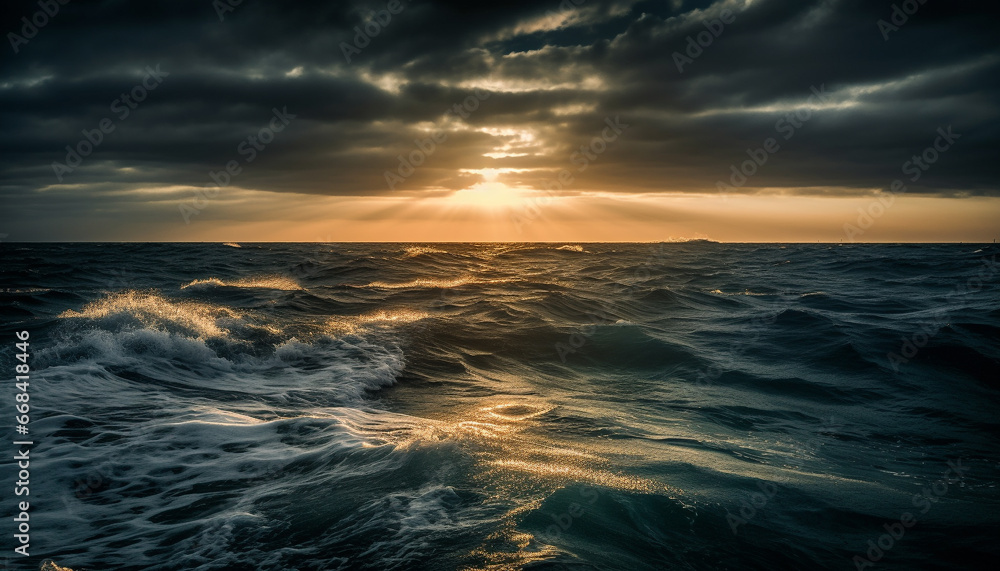 Obraz premium Sunset over water, nature beauty reflected in tranquil seascape generated by AI
