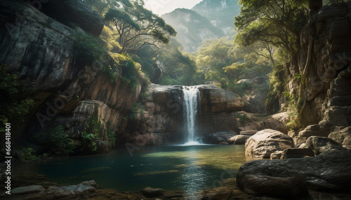 Majestic tropical rainforest, flowing water, tranquil scene, green landscape generated by AI