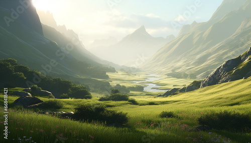 Majestic mountain peak, green meadow, tranquil scene, sunrise over water generated by AI © Jemastock