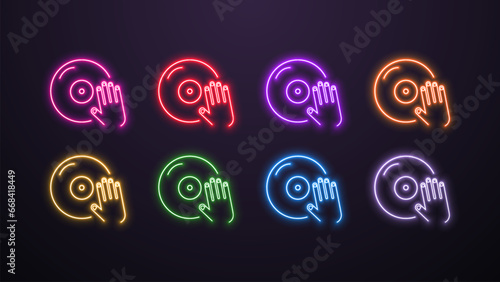 A set of 8 neon bright hand icons with a DJ record in different colors on a dark background.