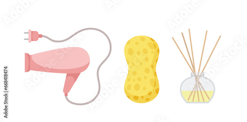 Bathroom items set. Pink hairdresser, yellow sponge and aromasticks. Sticker for social networks and messengers. Cartoon flat vector illustration isolated on white background