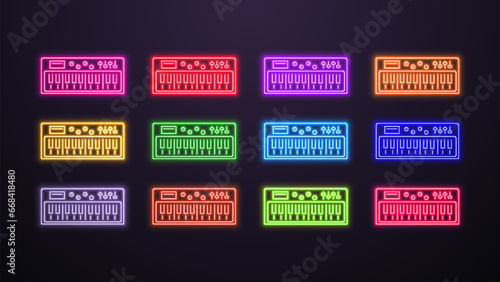 A set of neon synthesizer or piano icons in different colors on a dark background.
