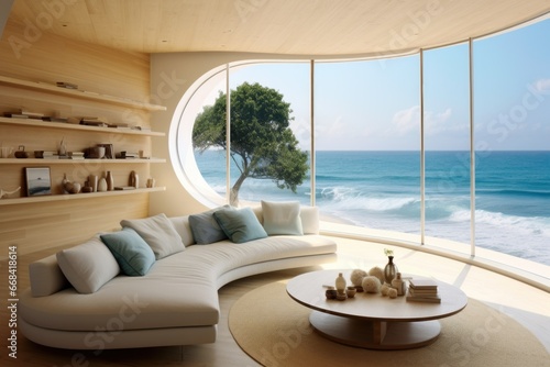 Breezy beach house interior with panoramic sea views.