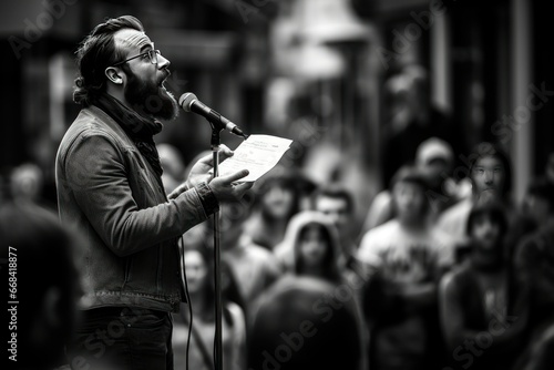 Candid capture of a street poet reciting verses to a curious audience.- photo