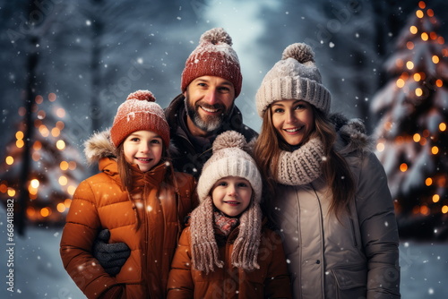 Family Enjoying Traditional Christmas with Snowfall - Parents and Kids Celebrating in a Snowy Christmas Background with Snowman, Gifts, and Winter Evening Joy