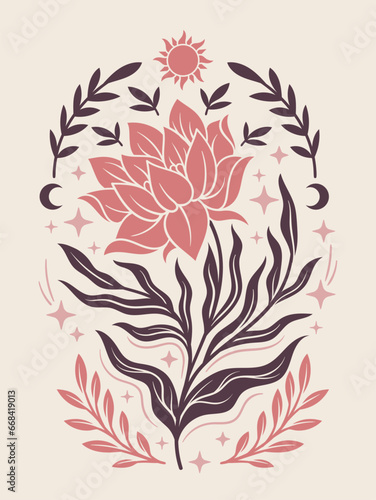 Boho poster with flowers concept. Plant with leaves and abstract creativity. Art object for posters or banners. Flyer and leaflet. Cartoon flat vector illustration isolated on beige background