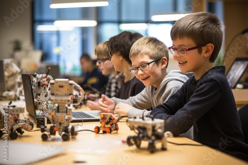 Children programming and building robots in a tech class.