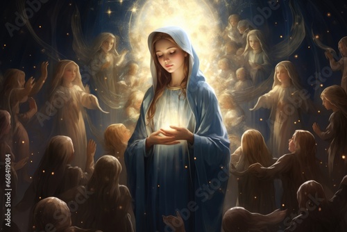 Holy Mary surrounded by children, symbolizing innocence and protection.