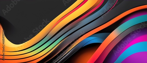 Abstract colorful flowing wave lines on plain black background from Generative AI