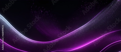 Abstract purple shiny neon light waves with silver glitter sparkles on plain black background from Generative AI