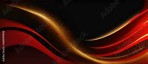 Abstract red shiny wave with golden glitter sparkles on plain black background from Generative AI