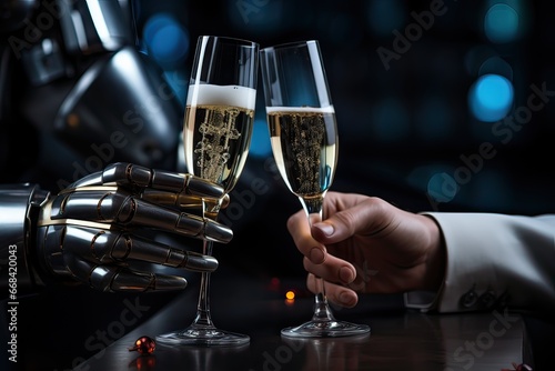 AI robot hand and human hand making a toast holding champagne glasses. New year celebration, anniversary, futuristic concept. Generative AI.