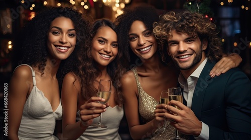 Young adult latin friends celebrating in elegant clothing holding champagne glasses. New year celebration, anniversary, 4th of July concept. Generative AI.