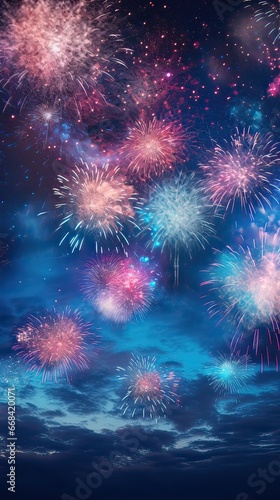 Colorful fireworks outdoors in the sky at night. New year celebration concept. Generative AI.