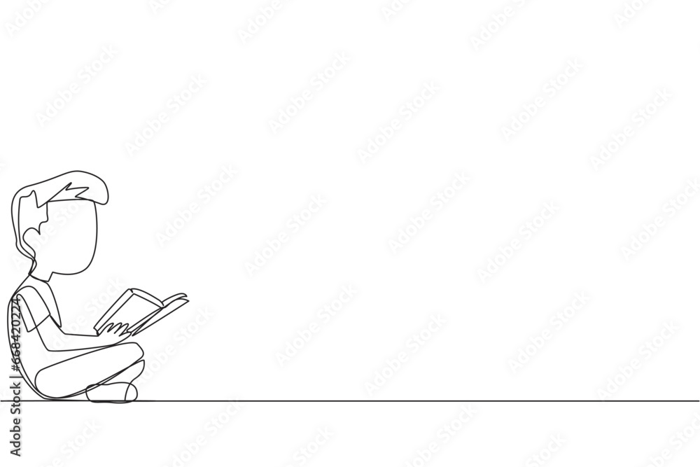 Single one line drawing boy sitting cross-legged reading book. The new hobby of reading books helps to relax. One book one day. Good habits. Book festival. Continuous line design graphic illustration