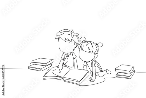 Continuous one line drawing kids reading books happily. Good reading interest. Really enjoy reading story books. Reading everywhere. Book festival concept. Single line draw design vector illustration