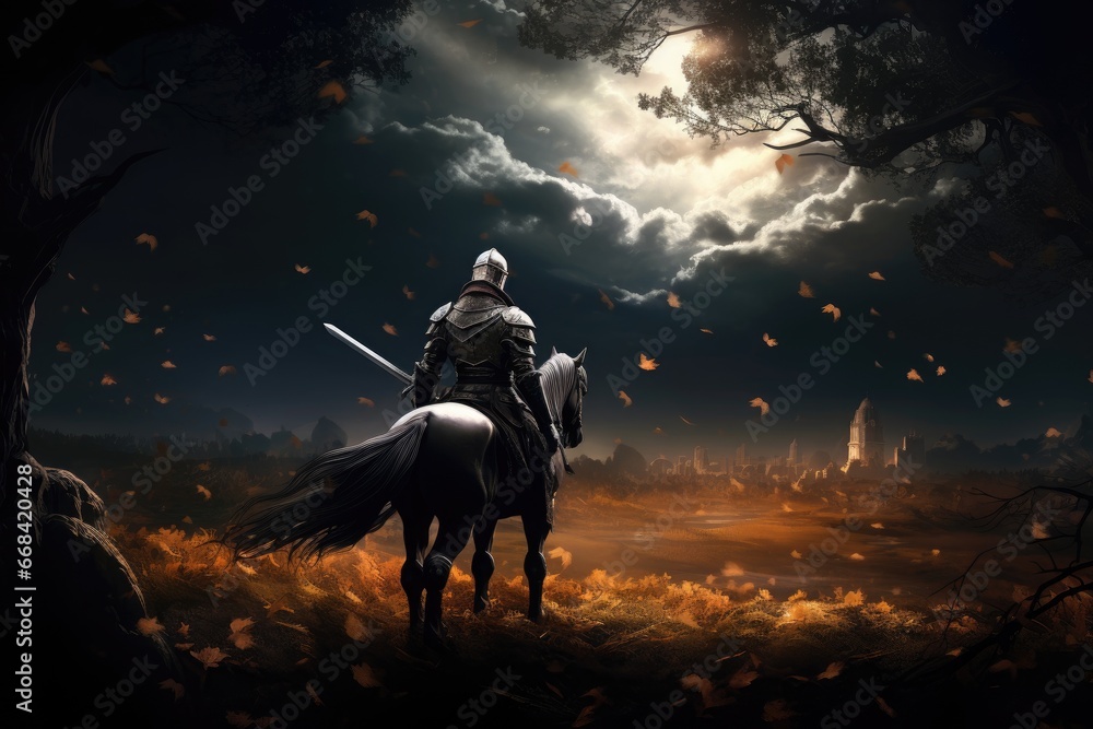 Knight venturing into an enchanted glade under a moonlit sky.