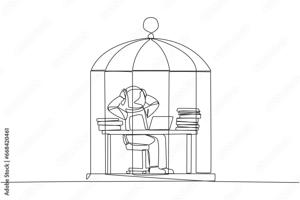 Continuous one line drawing astronaut trapped in cage sitting on office chair holding head. Being in routine trap. Tired and irritated with the daily grind. Single line draw design vector illustration