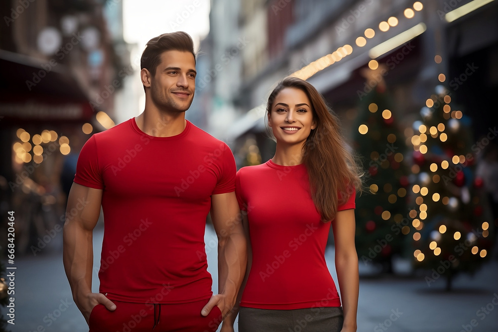 Urban Holiday T Shirt Template: Fit Male and Female Red T-Shirt Mockup Models with Christmas Tree Background