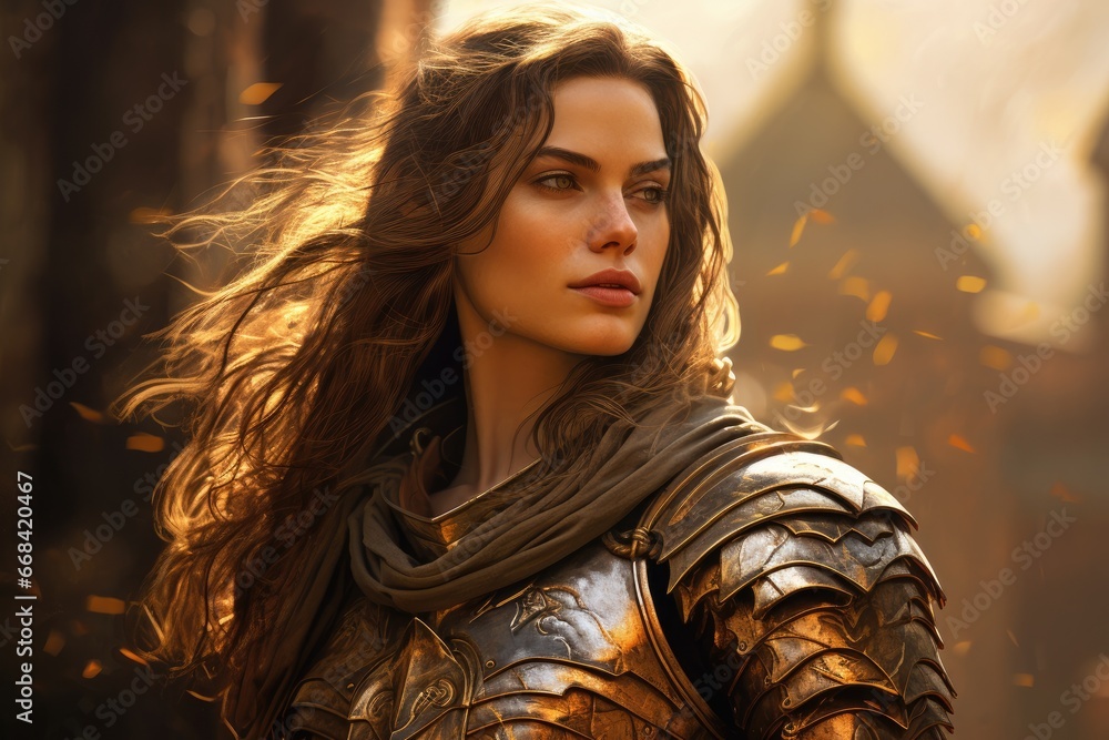 Lady knight in gleaming armor, empowerment, courage Lady knight in gleaming armor, empowerment, courage