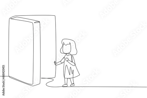 Single continuous line drawing girl opened the book-shaped door. Books can open mind and see everywhere. Increase knowledge about the wider world. Book festival. One line design vector illustration