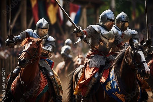 Knights jousting at a medieval tournament, competition, spectacle.