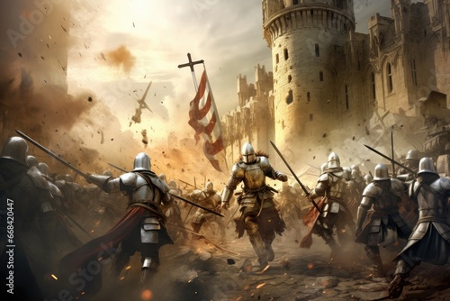 Knights Templar in battle, medieval warfare.