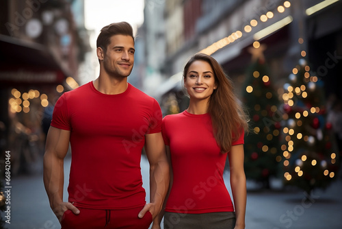 Urban Holiday T Shirt Template  Fit Male and Female Red T-Shirt Mockup Models with Christmas Tree Background
