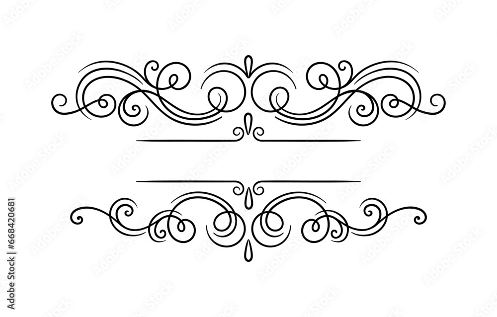 Calligraphic frame concept. Divider for ancient books in retro style. Rocococ and baroque swirl. Template and layout. Linear flat vector illustration isolated on white background
