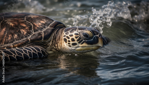 A slow sea turtle swimming underwater, its shell a beauty generated by AI