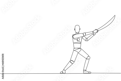 Continuous one line drawing robot holding samurai. Stylized like samurai athlete guarding business. Prepared to eliminate disrupt business growth. AI tech. Single line draw design vector illustration